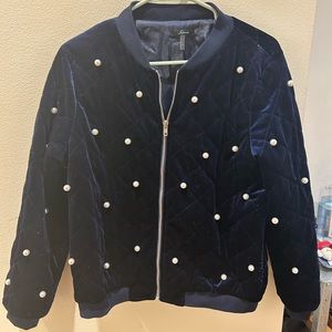 Navy blue velvet bomber jacket with White pearls